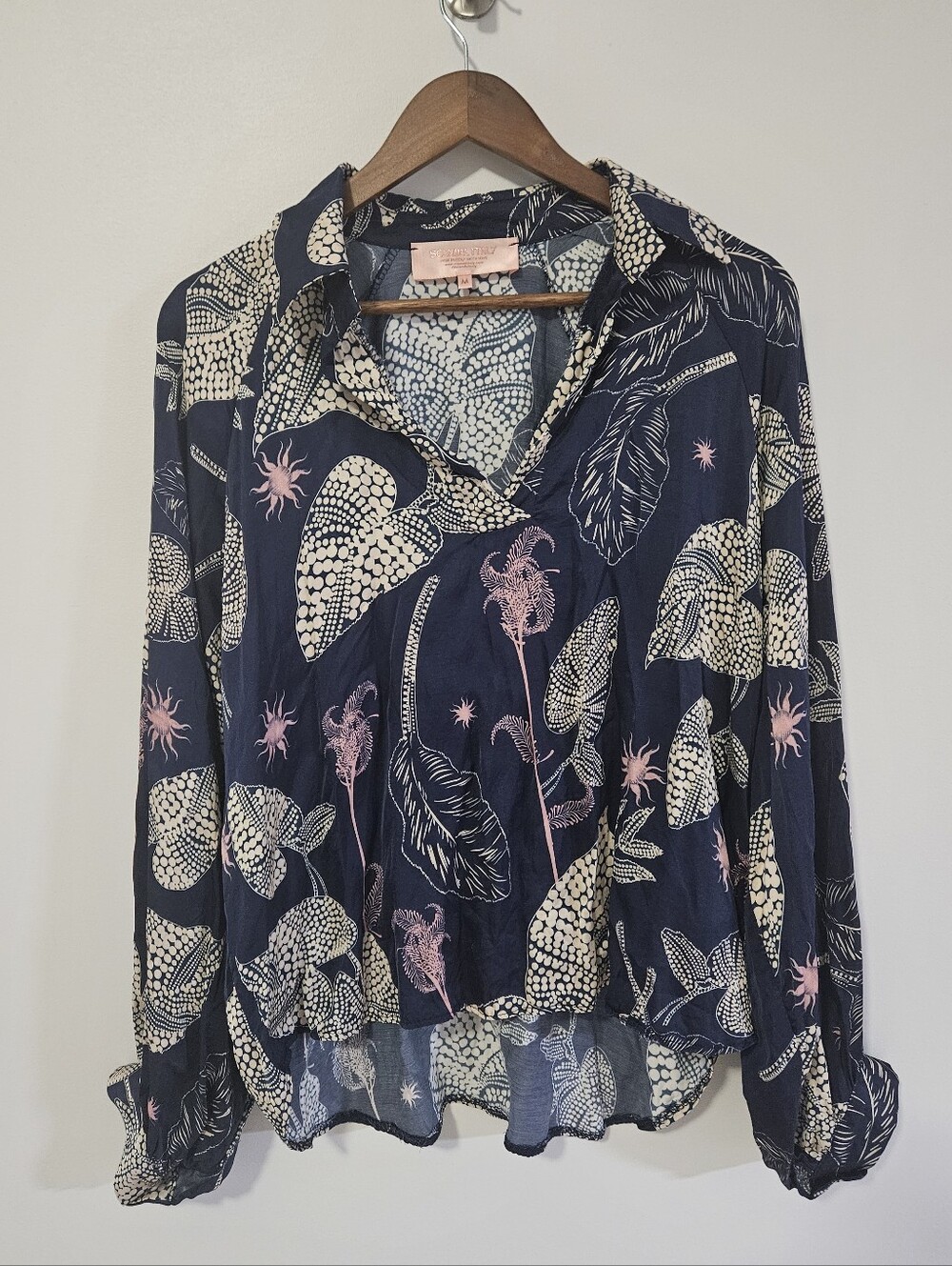 Scandal Italy Blouse V-Neck Boxy Balloon Sleeves Floral Ibiza Leaf Print Size M